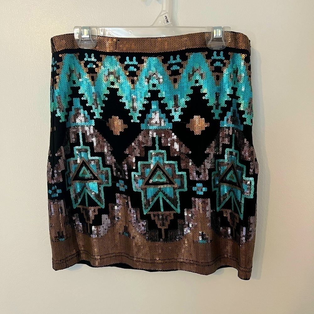 NWT Small Sequin Gold Turquoise and Black Mini Skirt Boho Vibe